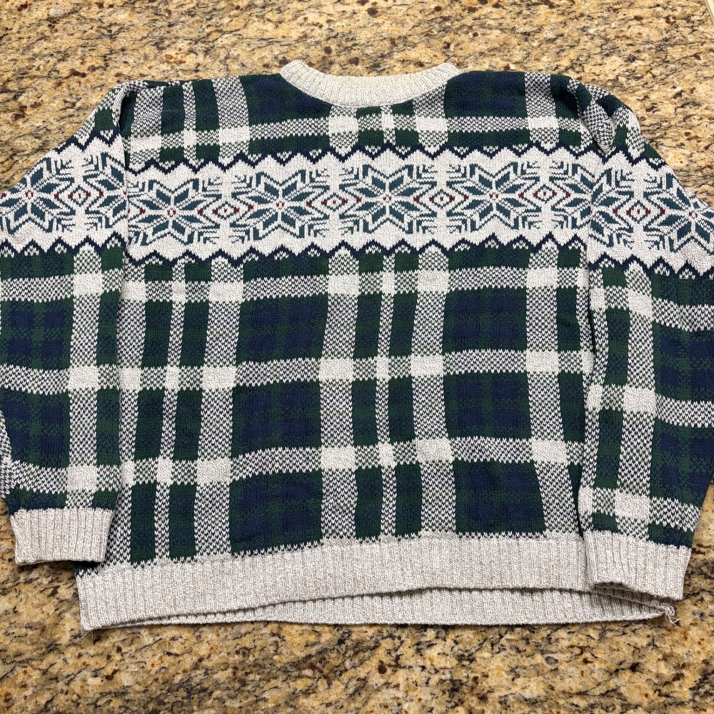Liberty by Old Glory Vintage Fair Isle Plaid Cotton Sweater XL Green Navy USA